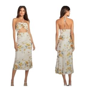 Lulus Garden Meandering Cream Floral Satin Halter‎ Cutout Midi Dress Large NWT